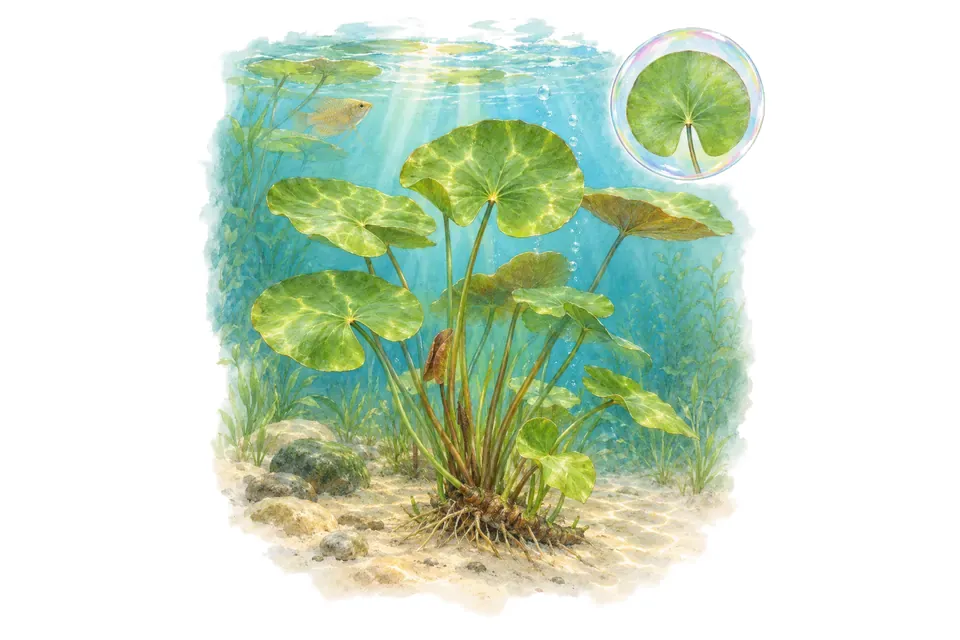 Aquarelle : Nymphéa glandulifera (Nymphaea glandulifera) dans une eau turquoise lumineuse, avec un détail dans une bulle.