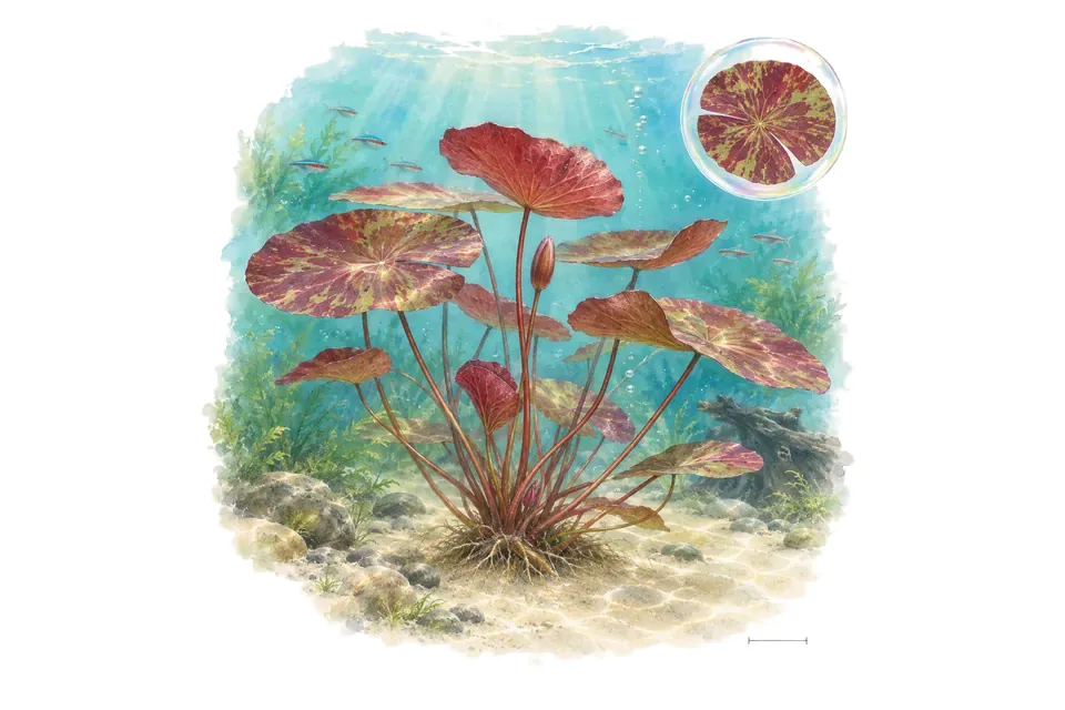Aquarelle : Lotus tigre (Nymphaea lotus) dans une eau turquoise lumineuse, avec un détail dans une bulle.