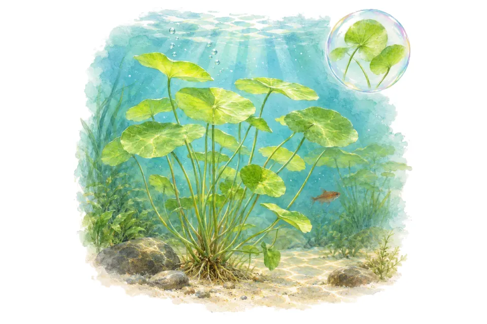 Aquarelle : Nymphoides Taiwan (Nymphoides hydrophylla 'Taiwan') dans une eau turquoise lumineuse, avec un détail dans une bulle.