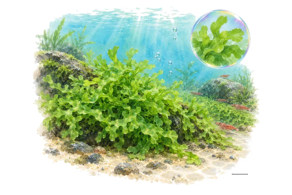 Aquarelle : Pellia (Monosolenium tenerum) dans une eau turquoise lumineuse, avec un détail dans une bulle.