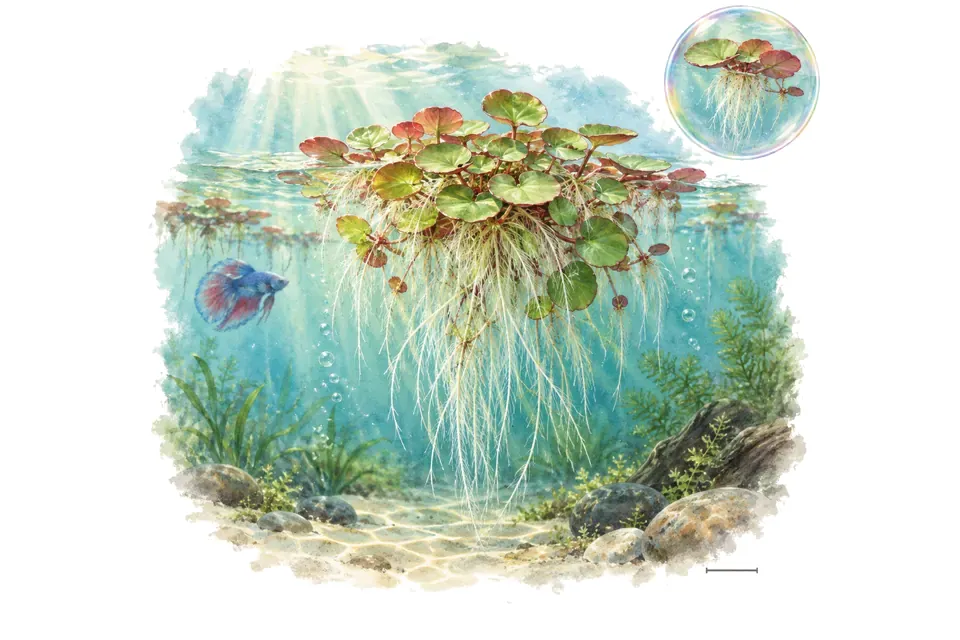 Aquarelle : Phyllanthus flottant (Phyllanthus fluitans) dans une eau turquoise lumineuse, avec un détail dans une bulle.