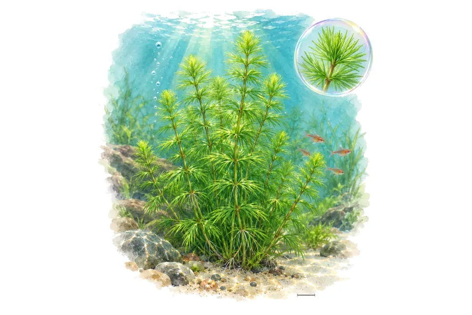 Aquarelle : Pogostemon deccanensis (Pogostemon deccanensis) dans une eau turquoise lumineuse, avec un détail dans une bulle.