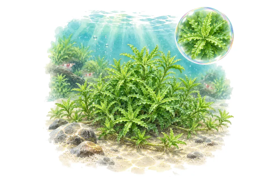 Aquarelle : Pogostemon helferi (Pogostemon helferi) dans une eau turquoise lumineuse, avec un détail dans une bulle.