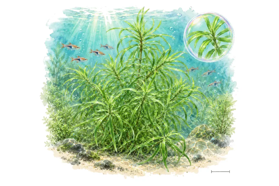 Aquarelle : Pogostemon octopus (Pogostemon stellatus 'Octopus') dans une eau turquoise lumineuse, avec un détail dans une bulle.