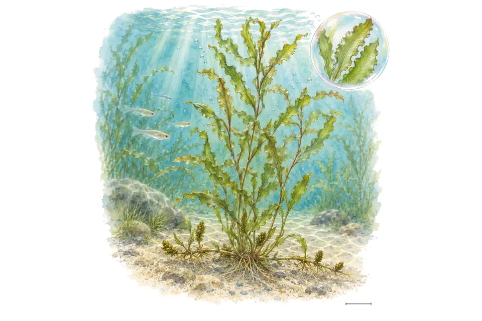 Aquarelle : Potamot crépu (Potamogeton crispus) dans une eau turquoise lumineuse, avec un détail dans une bulle.