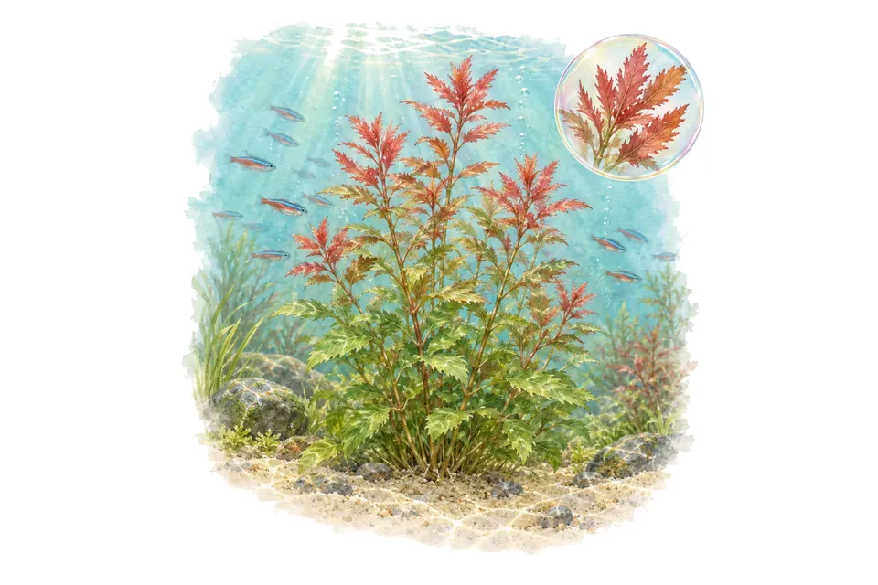 Aquarelle : Proserpinaca palustris (Proserpinaca palustris) dans une eau turquoise lumineuse, avec un détail dans une bulle.