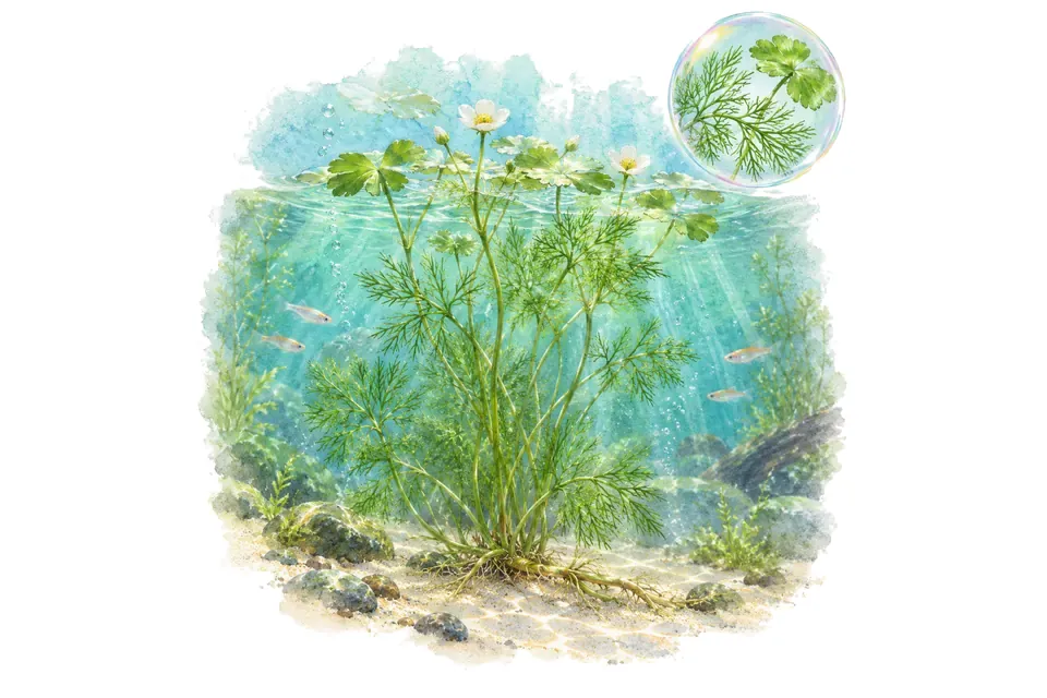 Aquarelle : Renoncule aquatique (Ranunculus aquatilis) dans une eau turquoise lumineuse, avec un détail dans une bulle.