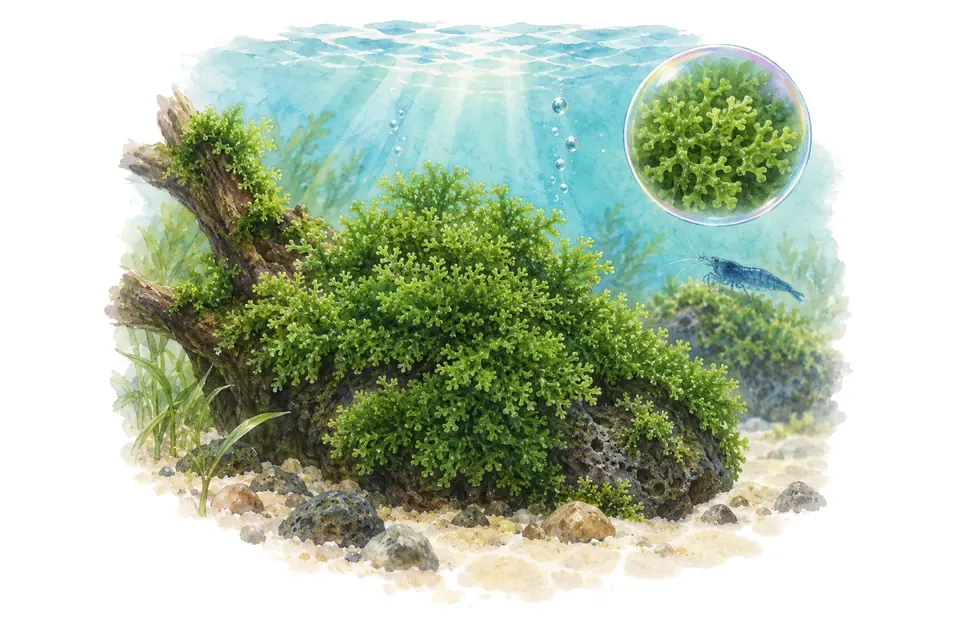 Aquarelle : Riccardia (Riccardia chamedryfolia) dans une eau turquoise lumineuse, avec un détail dans une bulle.