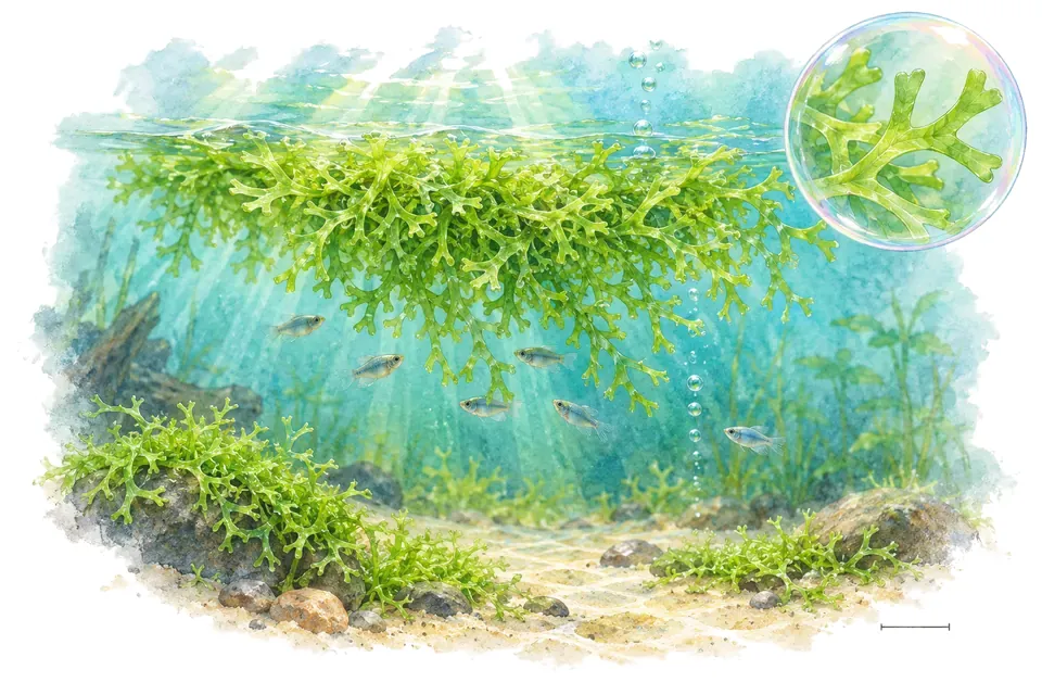 Aquarelle : Riccia flottante (Riccia fluitans) dans une eau turquoise lumineuse, avec un détail dans une bulle.