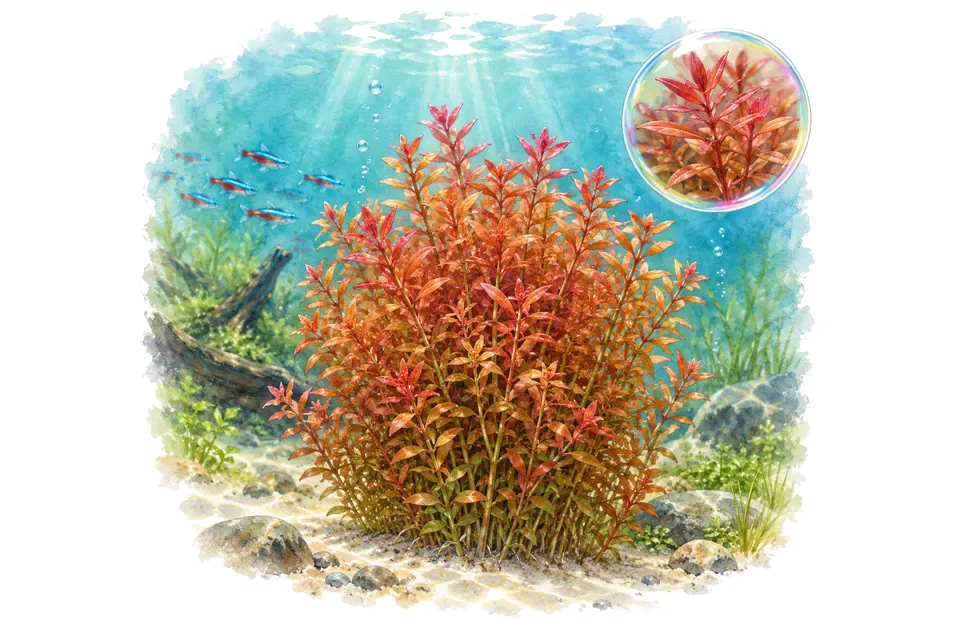 Aquarelle : Rotala H'ra (Rotala rotundifolia 'Hra') dans une eau turquoise lumineuse, avec un détail dans une bulle.