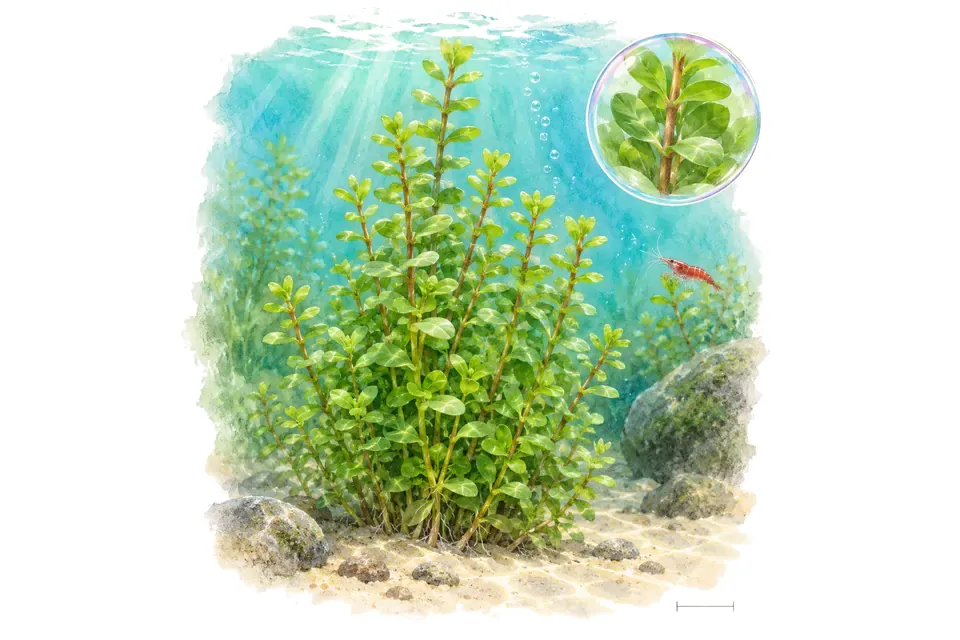 Aquarelle : Rotala indica (Rotala indica) dans une eau turquoise lumineuse, avec un détail dans une bulle.