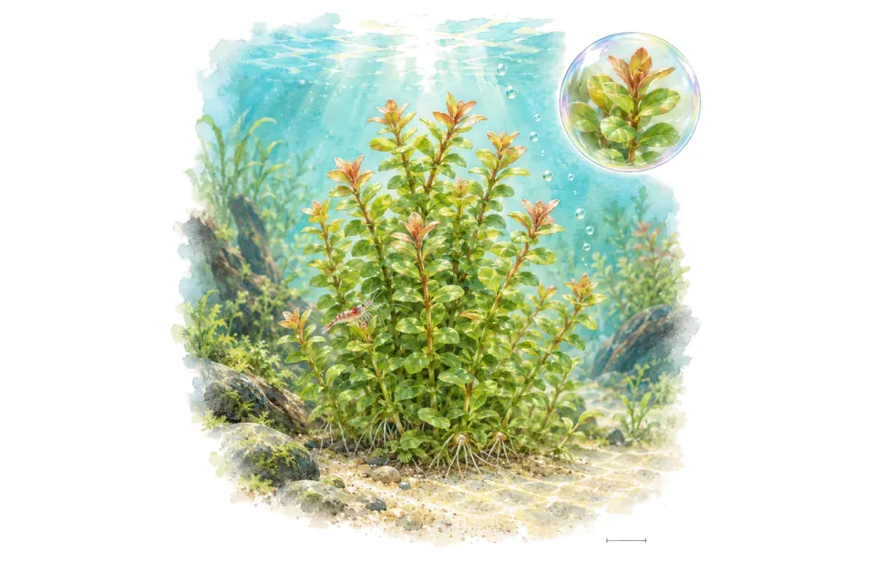 Aquarelle : Rotala indica bonsai (Rotala indica 'Bonsai') dans une eau turquoise lumineuse, avec un détail dans une bulle.