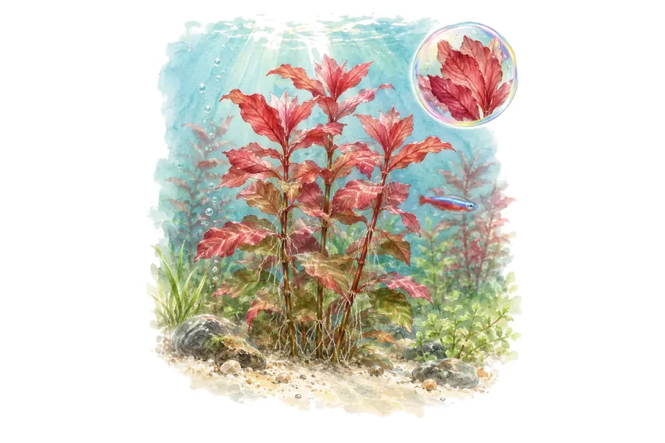 Aquarelle : Rotala macrandra (Rotala macrandra) dans une eau turquoise lumineuse, avec un détail dans une bulle.