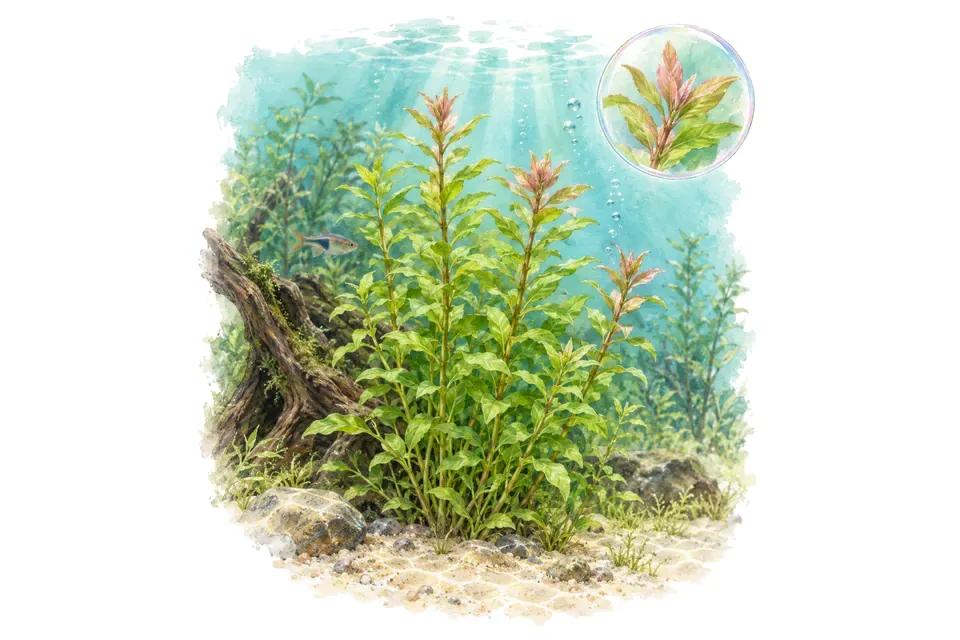 Aquarelle : Rotala macrandra Green (Rotala macrandra 'Green') dans une eau turquoise lumineuse, avec un détail dans une bulle.
