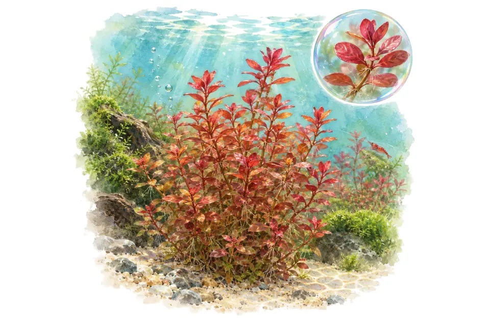 Aquarelle : Rotala macrandra Mini Type 4 (Rotala macrandra 'Mini Type 4') dans une eau turquoise lumineuse, avec un détail dans une bulle.