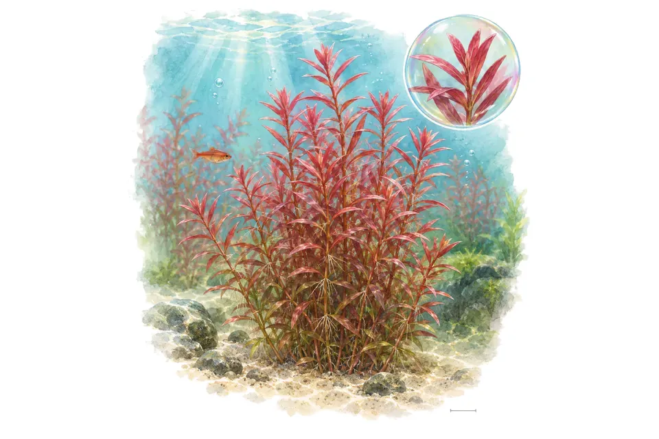 Aquarelle : Rotala macrandra Narrow Leaf (Rotala macrandra 'Narrow Leaf') dans une eau turquoise lumineuse, avec un détail dans une bulle.