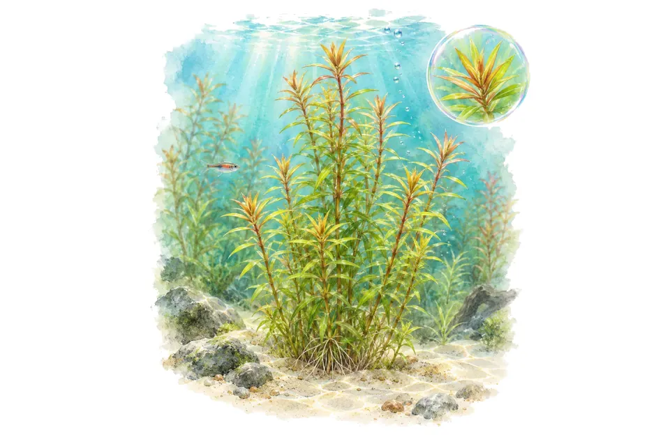 Aquarelle : Rotala mexicana (Rotala mexicana) dans une eau turquoise lumineuse, avec un détail dans une bulle.