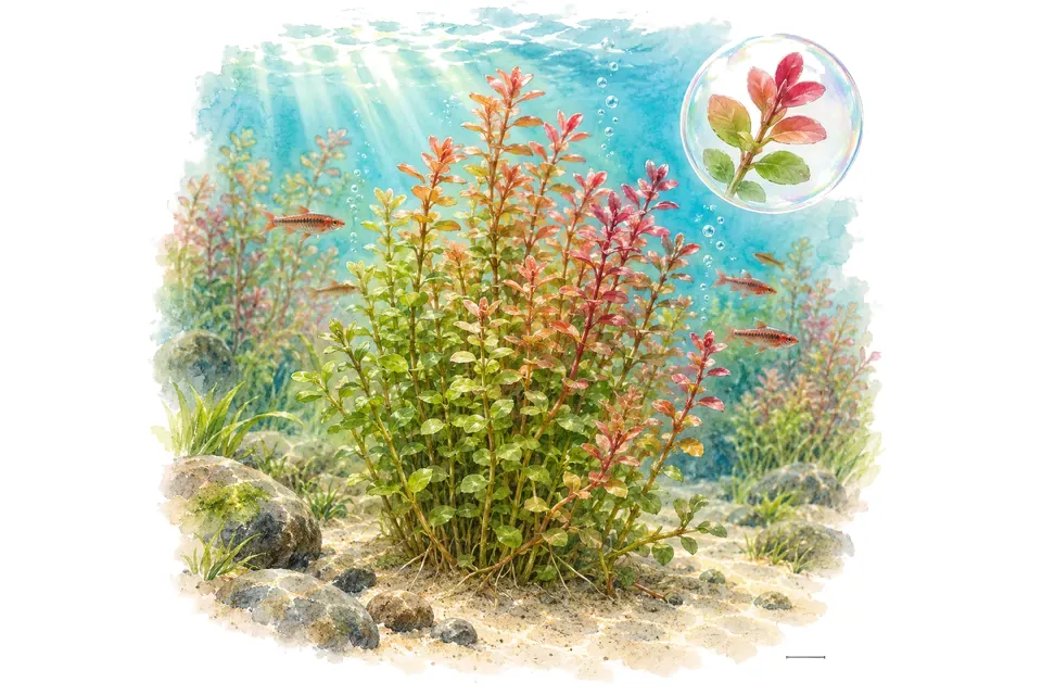 Aquarelle : Rotala à feuilles rondes (Rotala rotundifolia) dans une eau turquoise lumineuse, avec un détail dans une bulle.