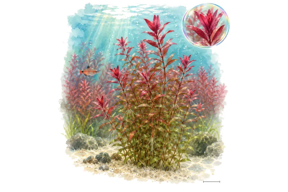 Aquarelle : Rotala Blood Red (Rotala rotundifolia 'Blood Red') dans une eau turquoise lumineuse, avec un détail dans une bulle.