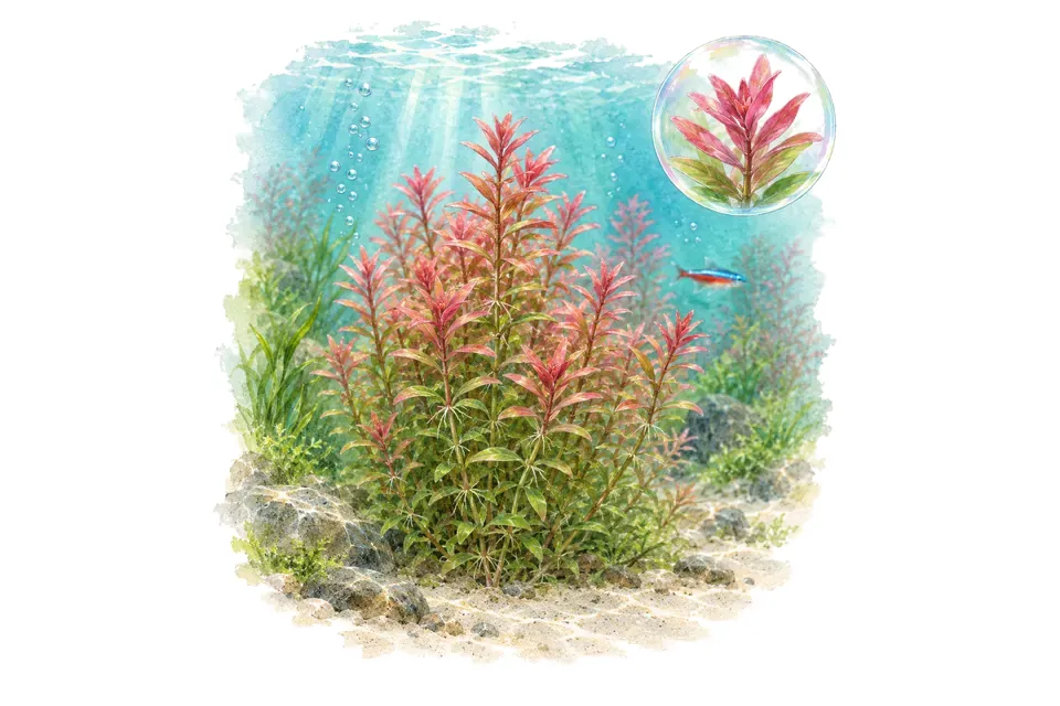 Aquarelle : Rotala rotundifolia colorata (Rotala rotundifolia 'Colorata') dans une eau turquoise lumineuse, avec un détail dans une bulle.