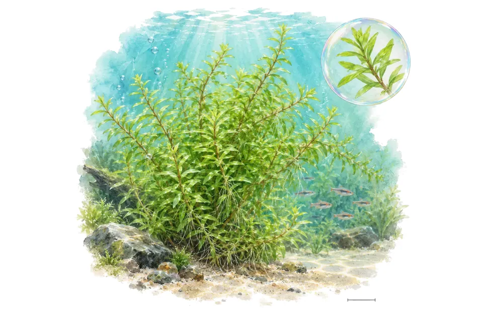 Aquarelle : Rotala Green (Rotala rotundifolia 'Green') dans une eau turquoise lumineuse, avec un détail dans une bulle.