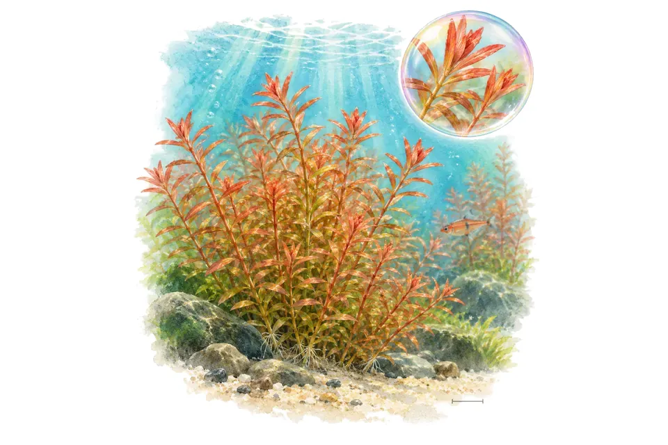 Aquarelle : Rotala rotundifolia H'ra (Rotala rotundifolia 'H'ra') dans une eau turquoise lumineuse, avec un détail dans une bulle.