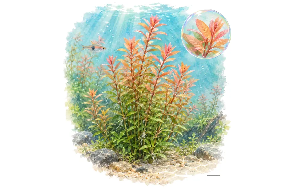 Aquarelle : Rotala Orange Juice (Rotala rotundifolia 'Orange Juice') dans une eau turquoise lumineuse, avec un détail dans une bulle.