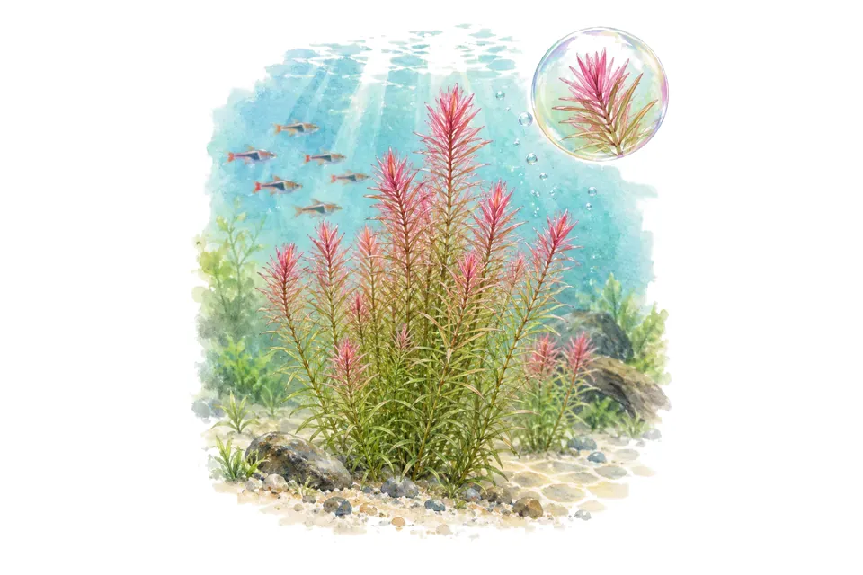 Aquarelle : Rotala wallichii (Rotala wallichii) dans une eau turquoise lumineuse, avec un détail dans une bulle.