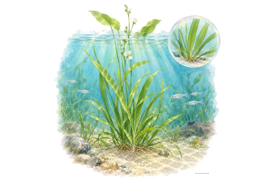 Aquarelle : Sagittaire à feuilles graminées (Sagittaria graminea) dans une eau turquoise lumineuse, avec un détail dans une bulle.