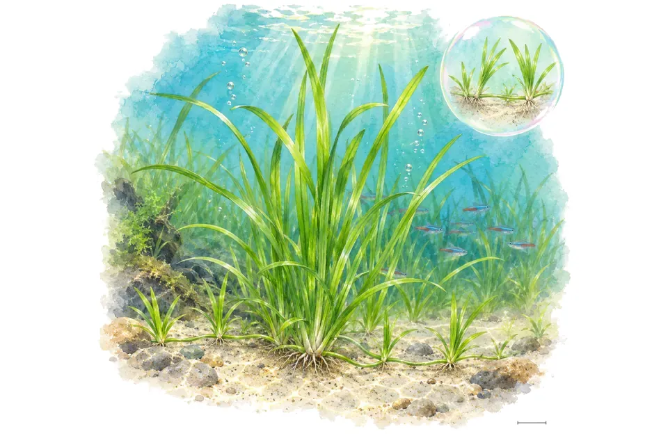 Aquarelle : Sagittaria naine (Sagittaria subulata) dans une eau turquoise lumineuse, avec un détail dans une bulle.