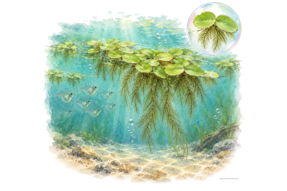 Aquarelle : Salvinie nageante (Salvinia natans) dans une eau turquoise lumineuse, avec un détail dans une bulle.
