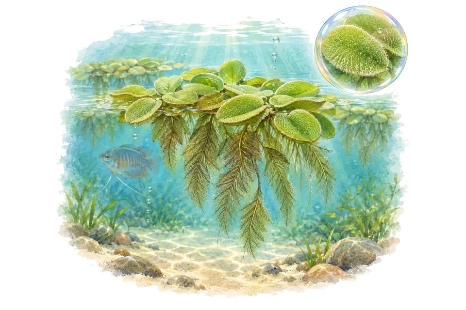 Aquarelle : Salvinie auriculée (Salvinia auriculata) dans une eau turquoise lumineuse, avec un détail dans une bulle.