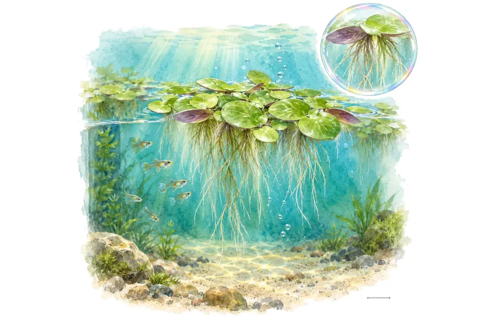 Aquarelle : Grande lentille d'eau (Spirodela polyrhiza) dans une eau turquoise lumineuse, avec un détail dans une bulle.