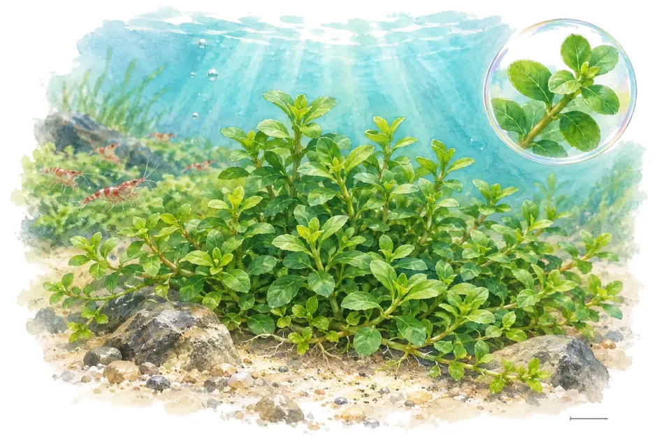 Aquarelle : Staurogyne repens (Staurogyne repens) dans une eau turquoise lumineuse, avec un détail dans une bulle.