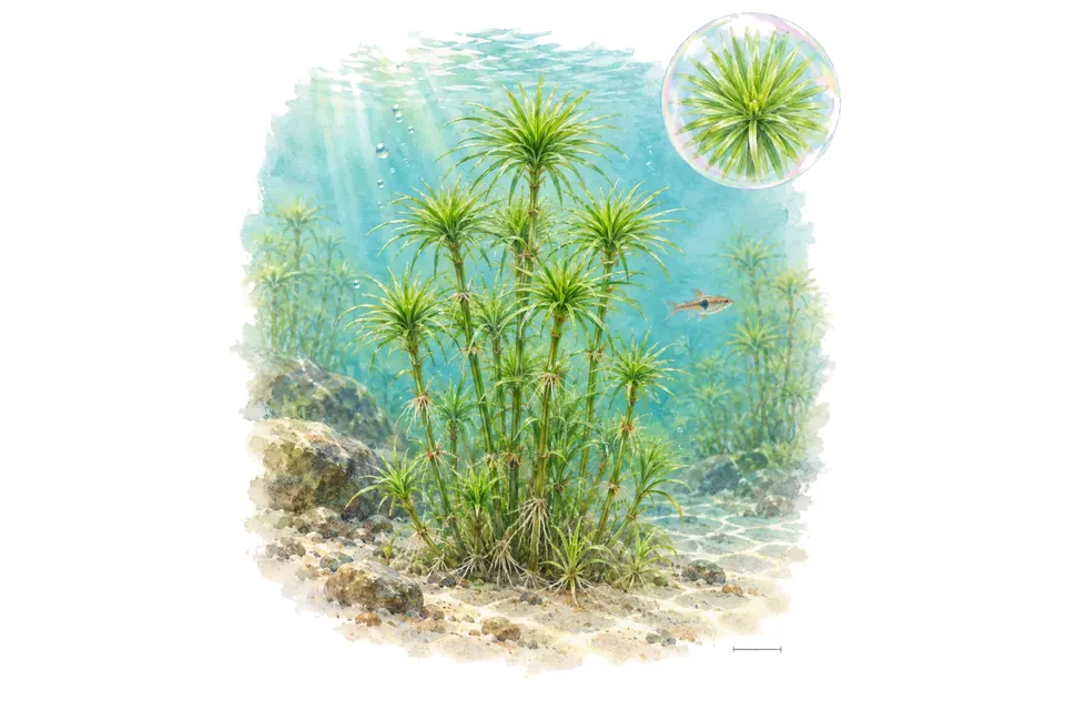 Aquarelle : Syngonanthus macrocaulon (Syngonanthus macrocaulon) dans une eau turquoise lumineuse, avec un détail dans une bulle.