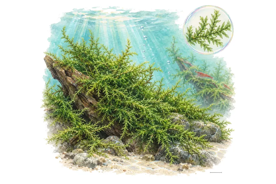 Aquarelle : Mousse de Taïwan (Taxiphyllum alternans) dans une eau turquoise lumineuse, avec un détail dans une bulle.