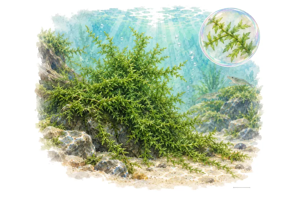 Aquarelle : Mousse de Chine (Taxiphyllum taxirameum) dans une eau turquoise lumineuse, avec un détail dans une bulle.