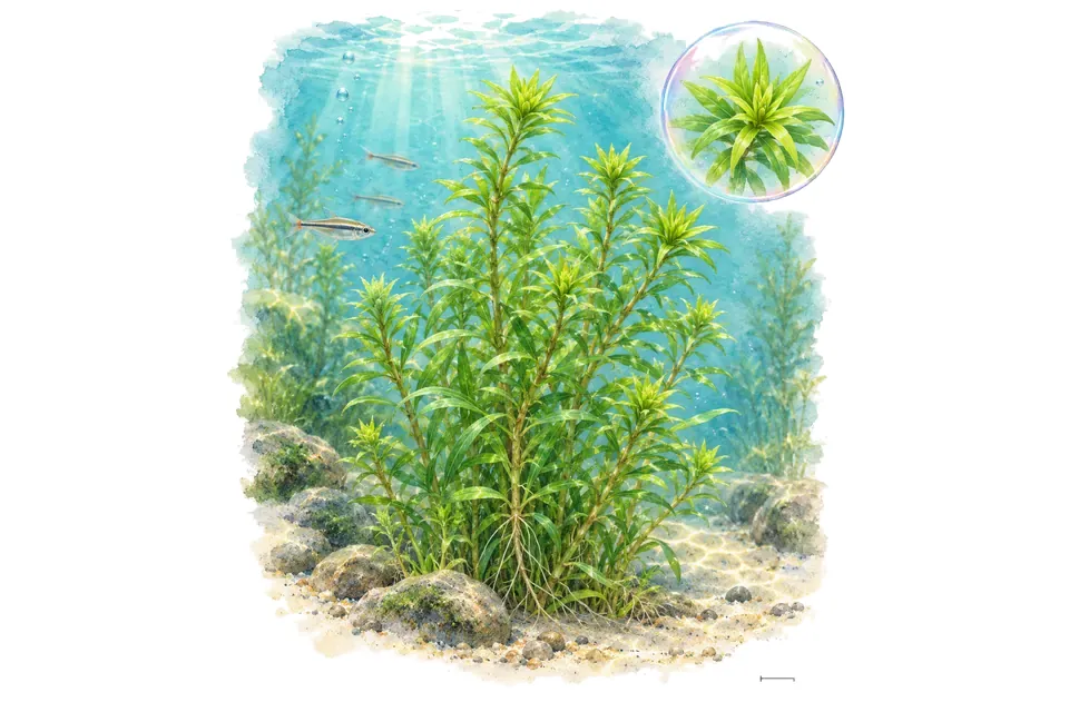 Aquarelle : Tonina fluviatilis (Tonina fluviatilis) dans une eau turquoise lumineuse, avec un détail dans une bulle.