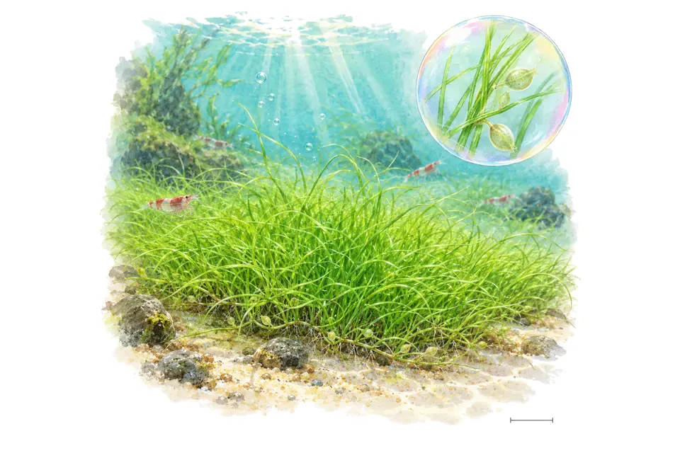 Aquarelle : Utriculaire à feuilles de graminée (Utricularia graminifolia) dans une eau turquoise lumineuse, avec un détail dans une bulle.
