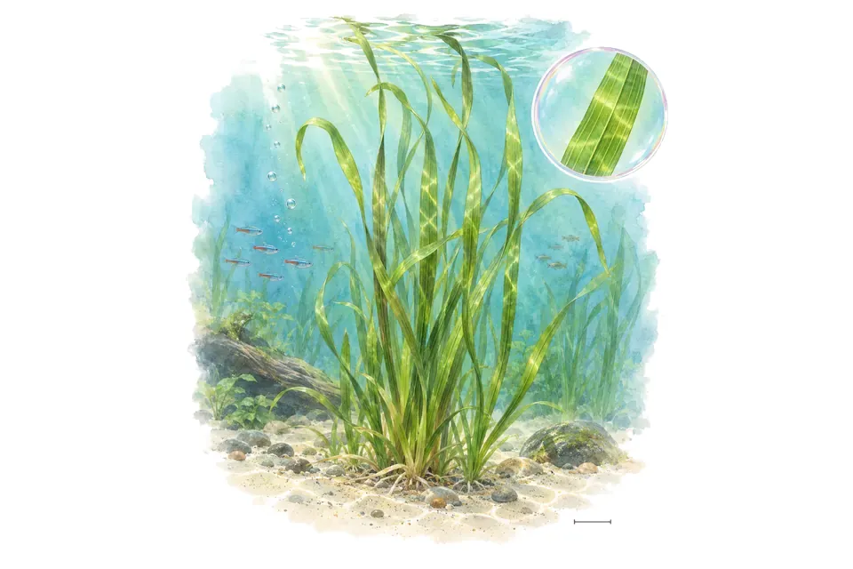Aquarelle : Vallisnérie (Vallisneria spiralis L.) dans une eau turquoise lumineuse, avec un détail dans une bulle.