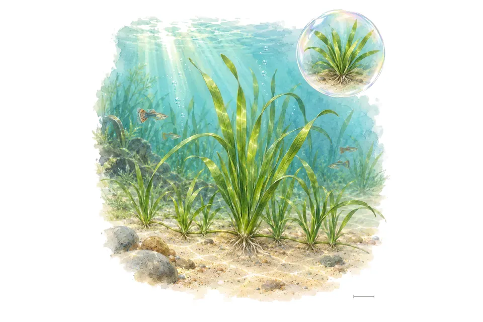 Aquarelle : Vallisnérie naine (Vallisneria natans) dans une eau turquoise lumineuse, avec un détail dans une bulle.