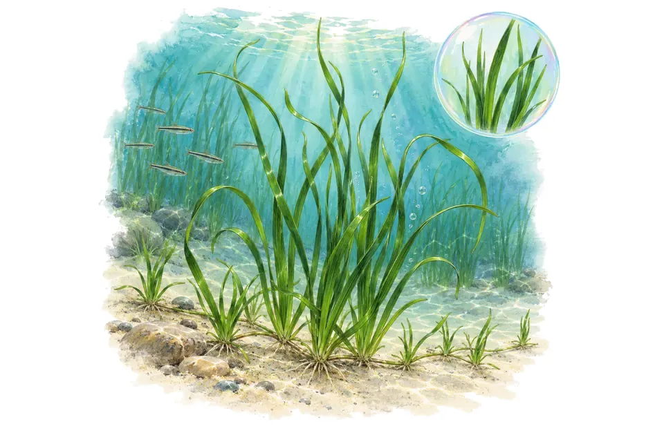 Aquarelle : Vallisnérie naine (Vallisneria nana) dans une eau turquoise lumineuse, avec un détail dans une bulle.