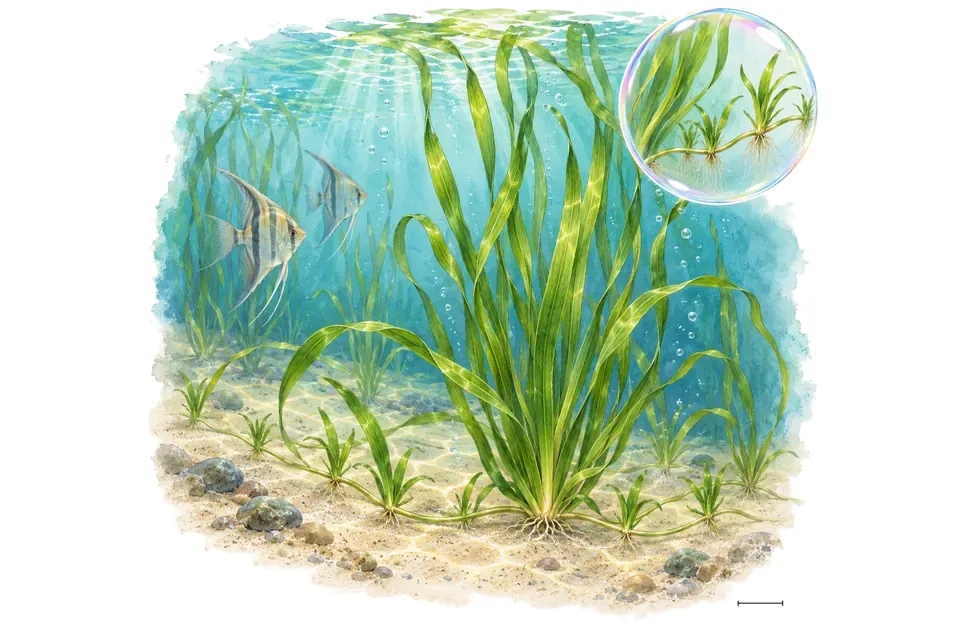 Aquarelle : Vallisnérie spirale (Vallisneria spiralis) dans une eau turquoise lumineuse, avec un détail dans une bulle.