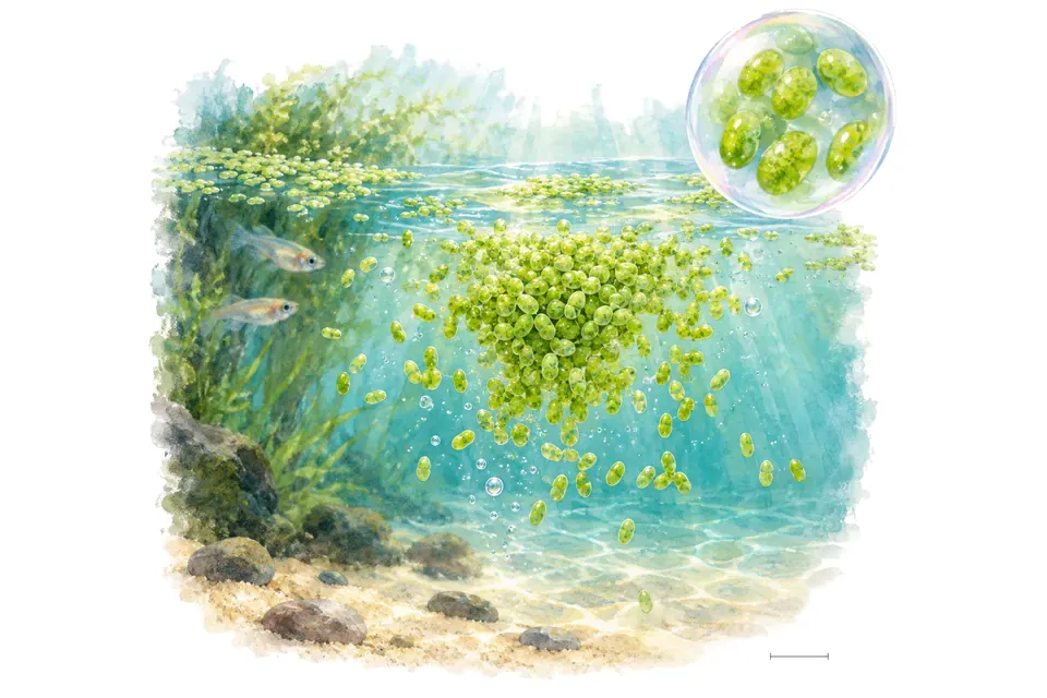 Aquarelle : Wolffie sans racines (Wolffia arrhiza) dans une eau turquoise lumineuse, avec un détail dans une bulle.