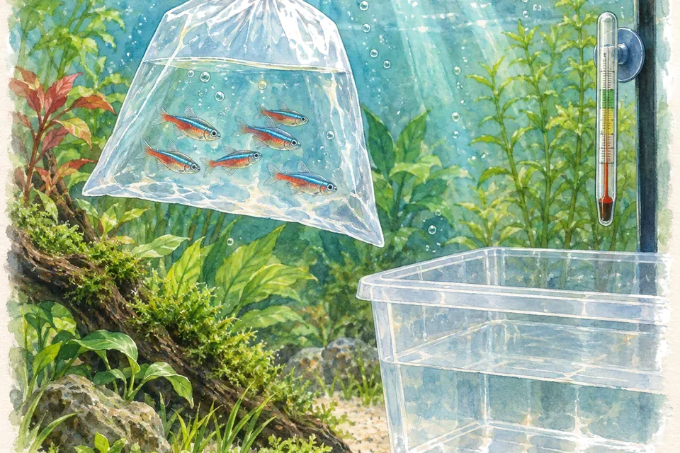 Illustration aquarelle : Acclimater de nouveaux poissons avec prudence.