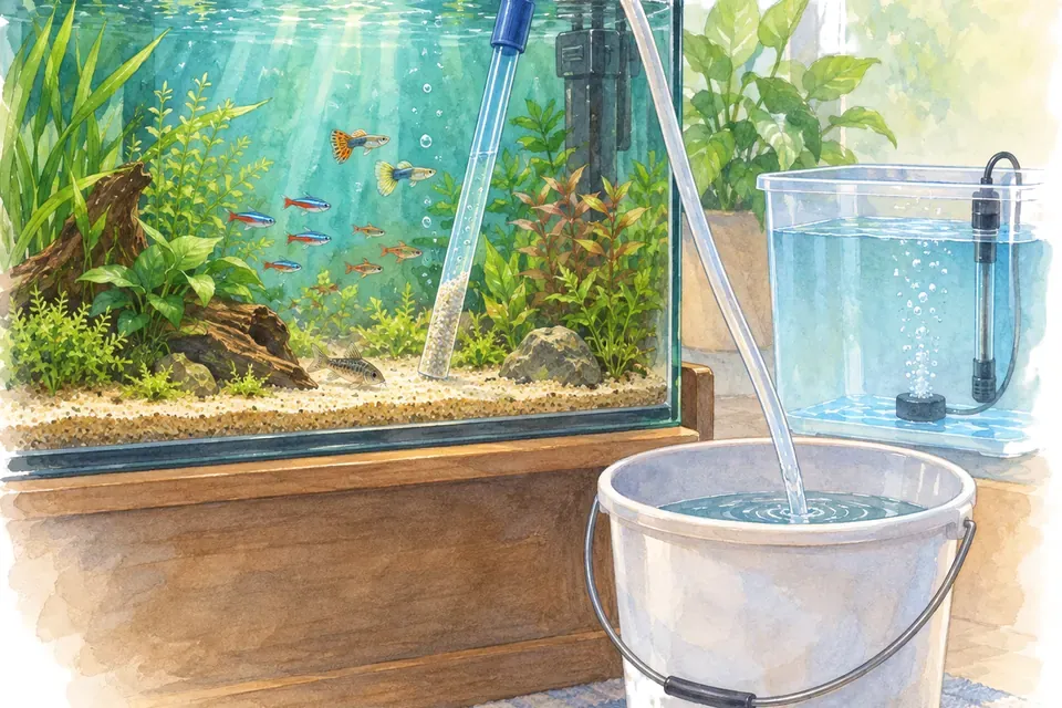 Illustration aquarelle : Faire un changement d’eau sans perturber l’aquarium.