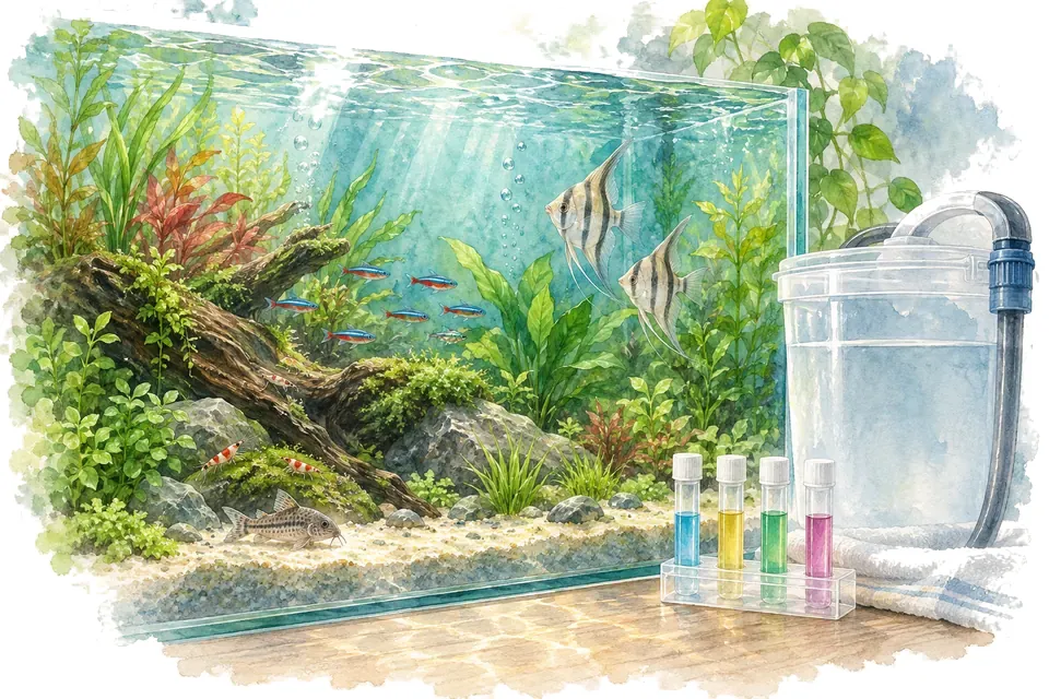Illustration aquarelle : Choisir l’eau de remplissage de son aquarium.