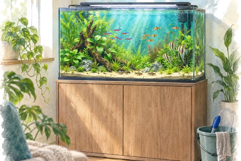 Illustration aquarelle : Choisir l’emplacement avant d’installer l’aquarium.