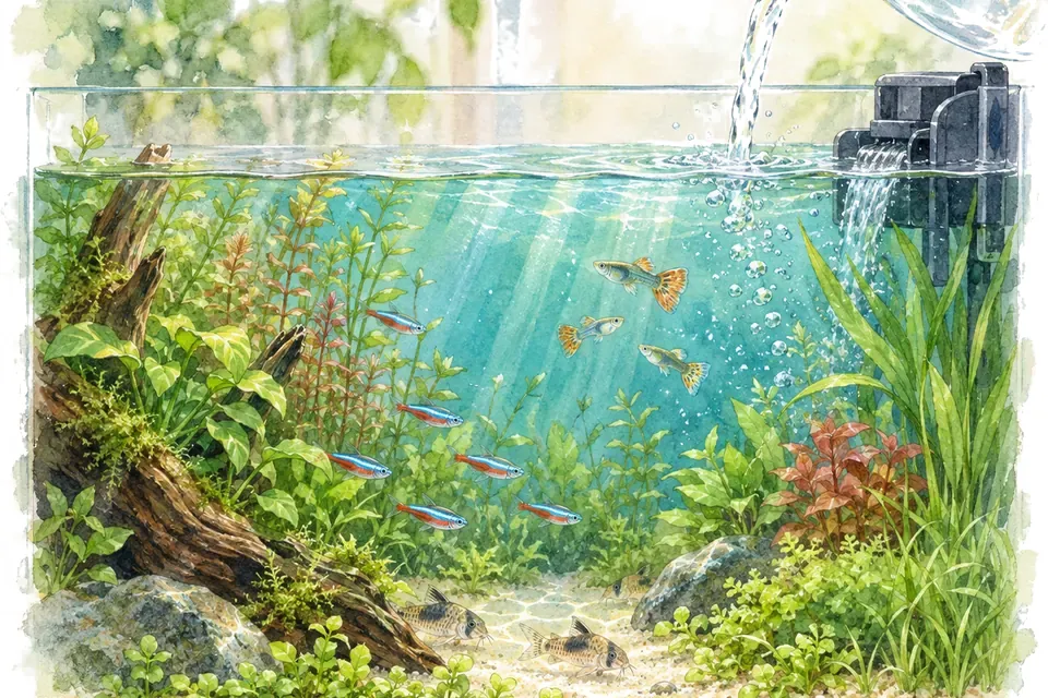 Illustration aquarelle : Compenser l’évaporation sans dérégler l’eau.