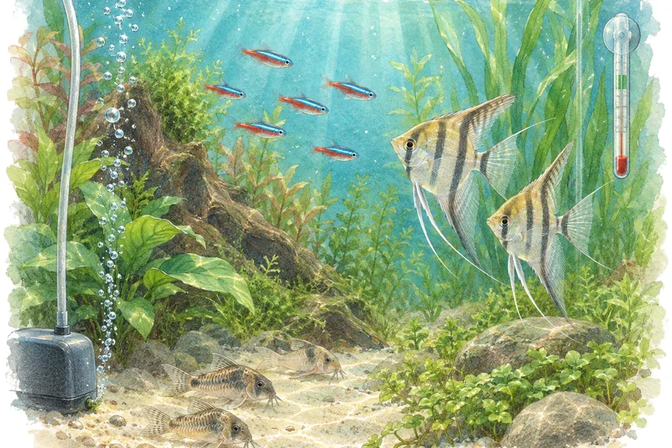 Illustration aquarelle : Protéger l’aquarium pendant une coupure de courant.